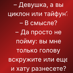 – Девушка, а вы циклон или тайфун?
– В смысле?
– Да просто не пойму: вы мне только голову вскружите или еще и хату разнесете?