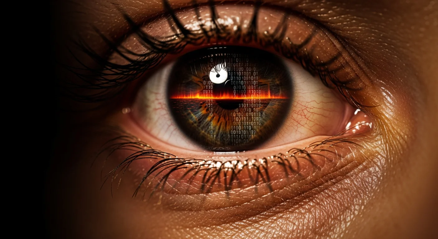 An extreme close-up of a weathered human eye, where the iris reflects a flickering fusion of a fiery horizon and cascading digital binary code. The surrounding skin shows fine textures and beads of moisture against a dark, shadowy void. This cinematic ECU uses a shallow depth of field and warm, saturated tones to create an intense atmosphere. Dramatic side lighting highlights the intricate details of the eye. The mood is apprehensive and deeply contemplative. single unified composition, no split-screen, no diptych, no collage.