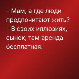 – Мам, а где люди предпочитают жить?
– В своих иллюзиях, сынок, там аренда бесплатная.